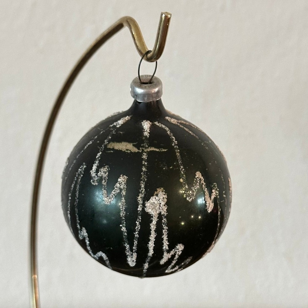 Vintage Dark Green Black Mica Glass Christmas Ornament 2'' Frosted Zig Zag